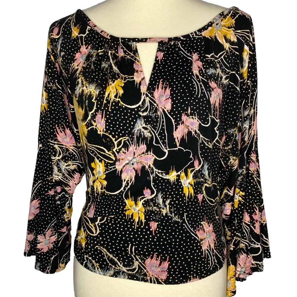 Free People Top Blouse Womens Small Black Pink Floral Dot Bell Sleeves Festival